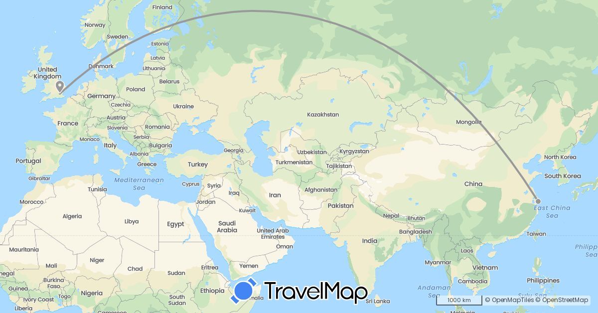 TravelMap itinerary: plane in China, United Kingdom (Asia, Europe)